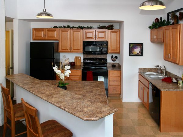 wooden cabinet and granite countertops in small apartment kitchen