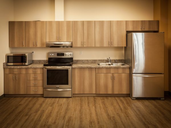 faux wooden cabinets in church kitchen