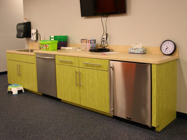 green cabinets and countertops in sports complex