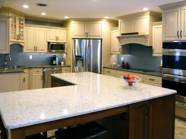 white granite kitchen island