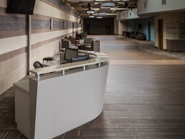 row of reception desks at church