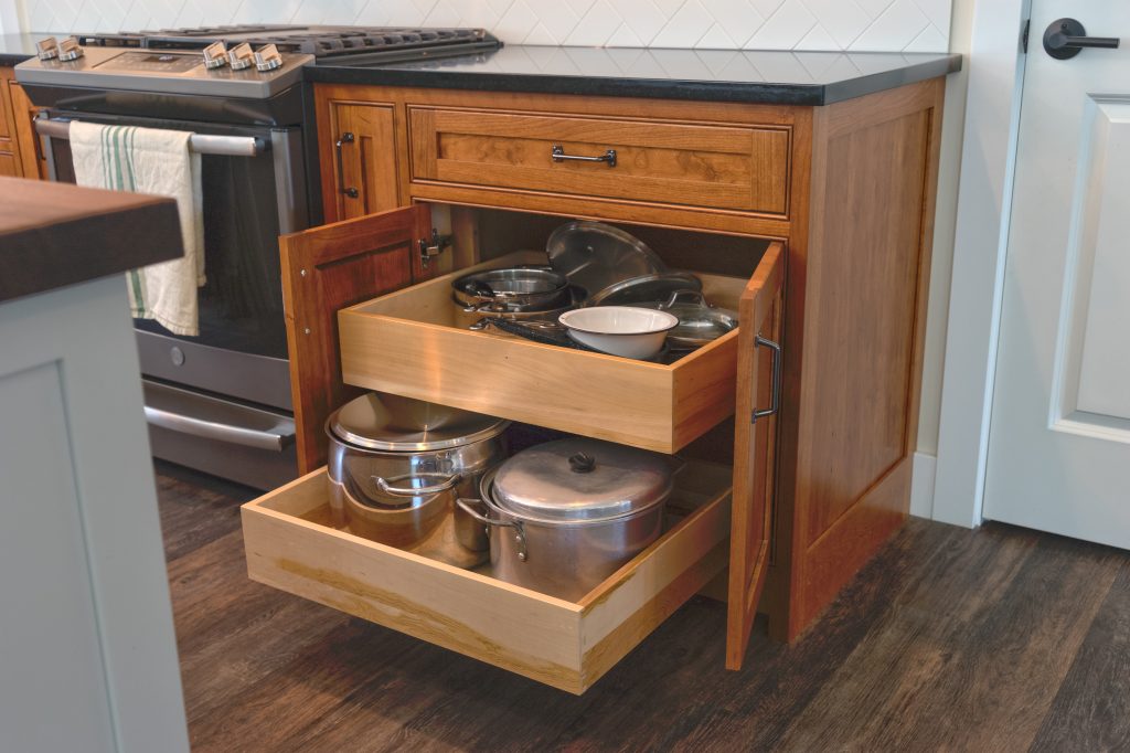 farmhouse wooden cabinets with pull out drawers