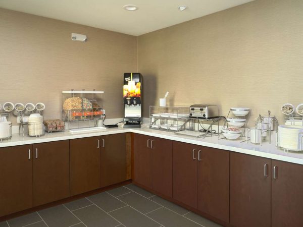 faux wood breakfast cabinets at hotel