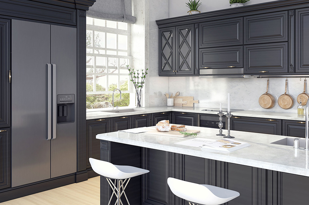 Black kitchen with white Quartz countertop