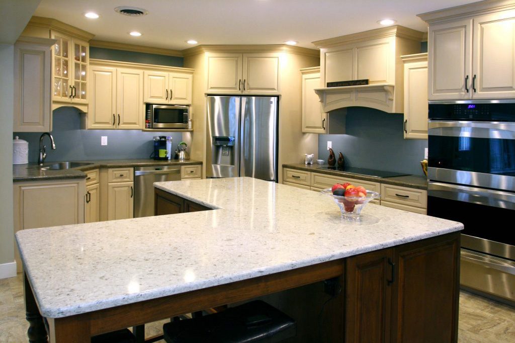 white laminate kitchen island