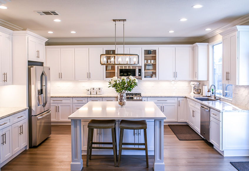 Transitional white kitchen cabinets