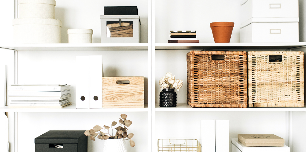 Mudroom open shelving and storage bins