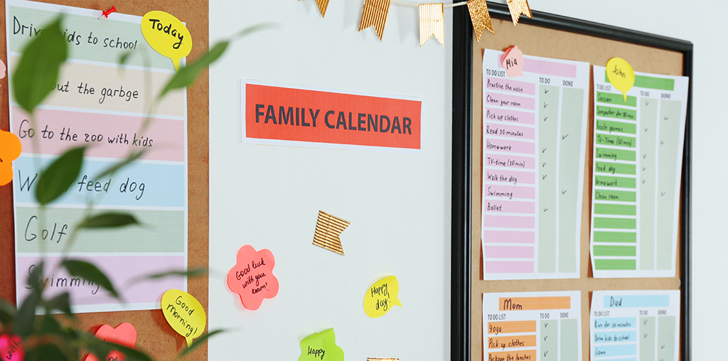 Organized family calendar on wall