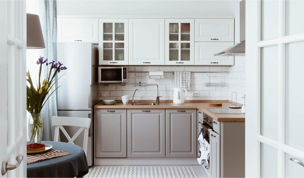 white and gray kitchen color scheme