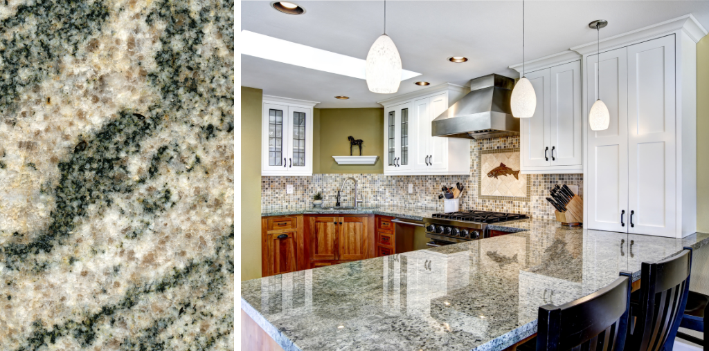 Green granite countertop with white cabinets