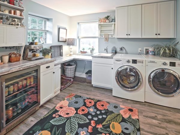 white cabinet and countertop installation in laundry room