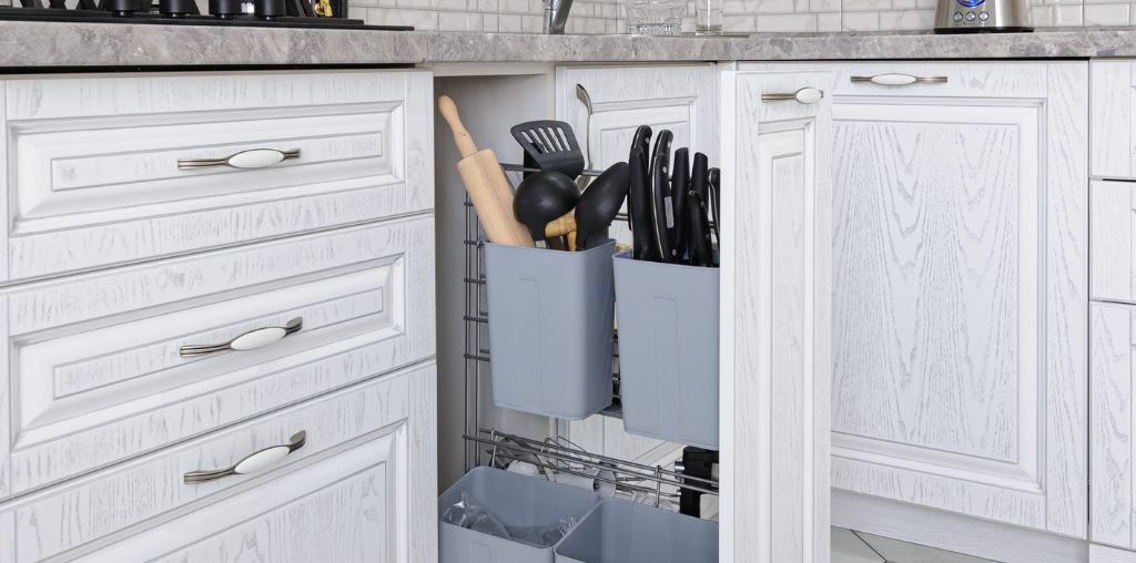 Updated kitchen cabinets with vertical storage