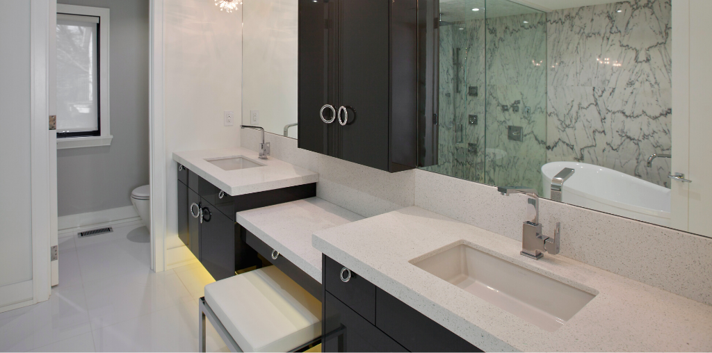 Corian countertop installed for modern master bathroom vanity