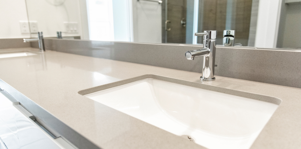 Gray master bathroom countertop with sleek design