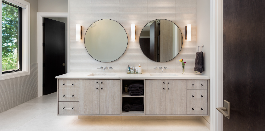 Floating vanity in master bathroom remodel 