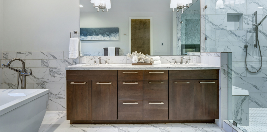 Master bathroom with modern cabinet hardware on vanity cabinets