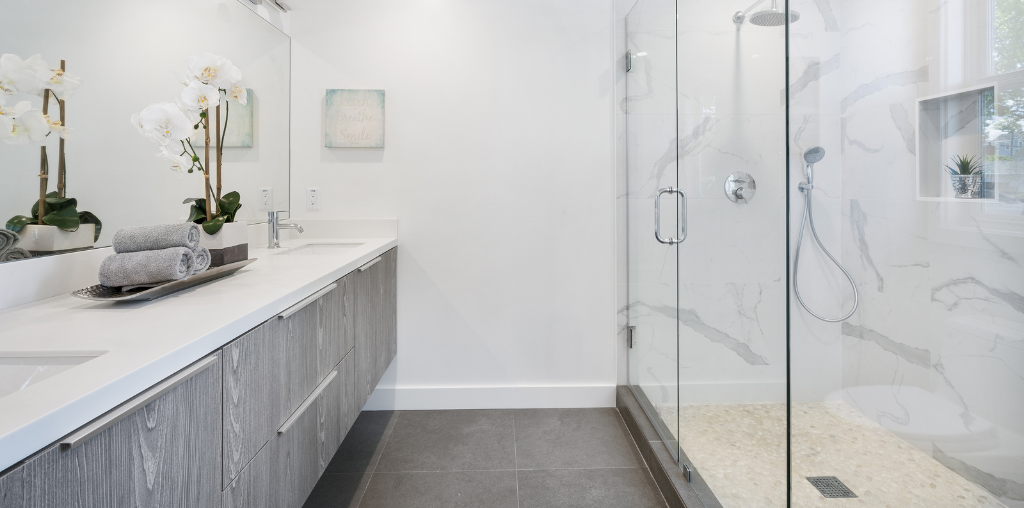 Gray marble master bathroom remodel