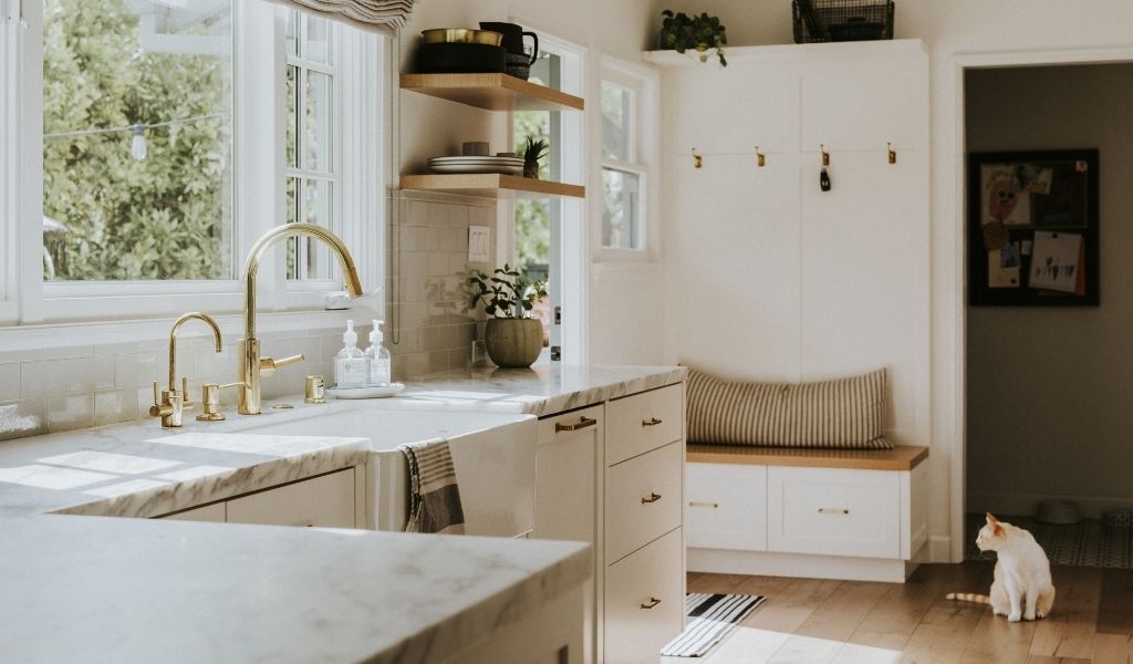 Cabinets for pet bowls in kitchen