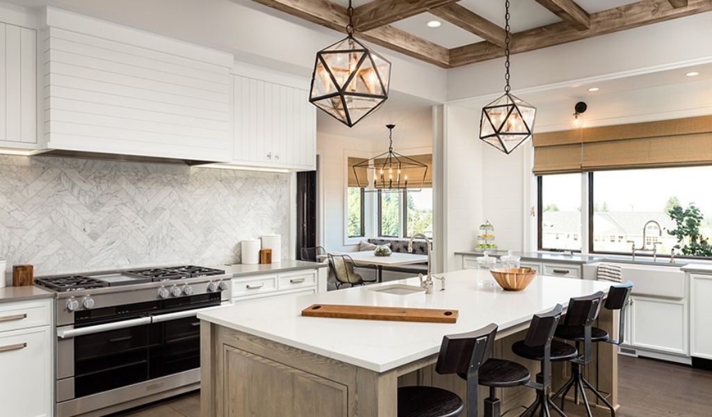 White rustic kitchen with natural cabinets