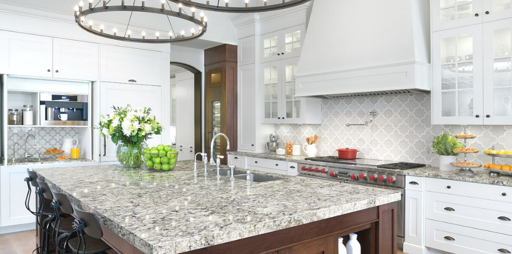 Speckled kitchen quartz countertops in modern home