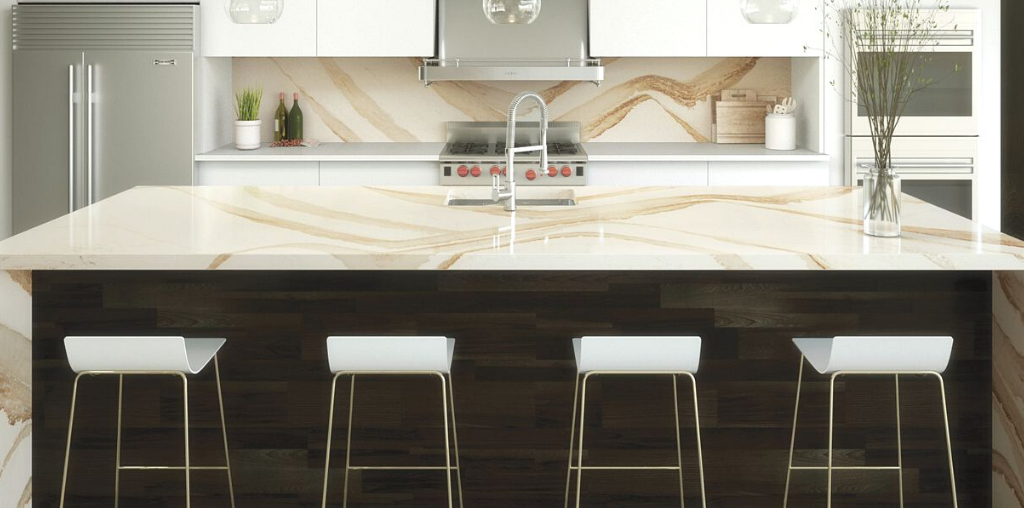 Beautiful kitchen countertops in white quartz with tan veins