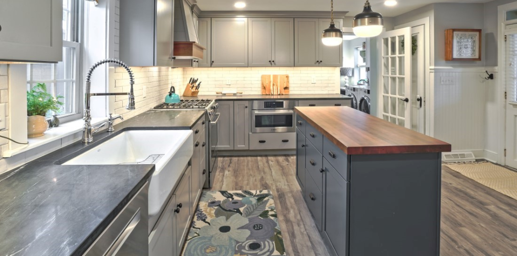 quartz countertop care for dark counters in farmhouse kitchen with blue island