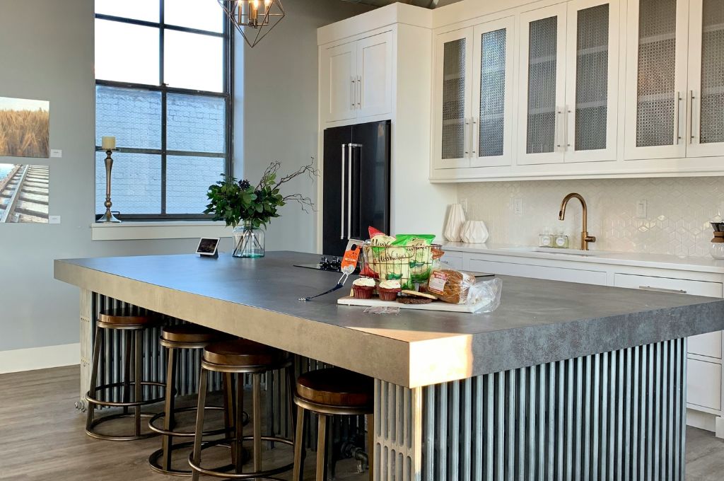 gray poured concrete countertop material for kitchen